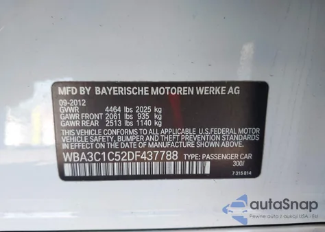 2013 BMW 328I z USA, uszkodzony, nr VIN WBA3C1C52DF437788